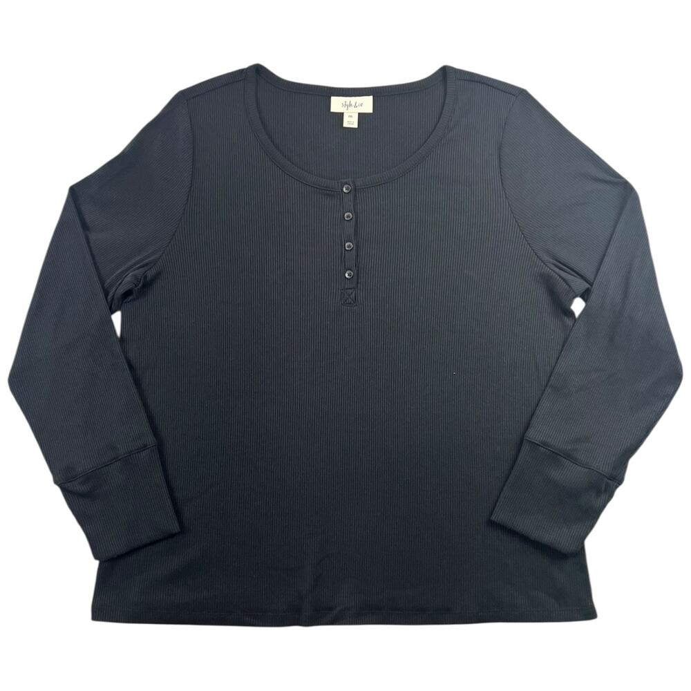 Style & Co Ribbed Henley Top Black Long Sleeve Stretch Minimalist - XLP